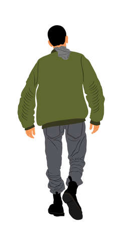 Angry hooligan walking the street vector illustration. Punk bully. Ruffian fan after soccer game. Rowdy boy. Skinhead member in recognizable clothes. Neo Nazi man back view.のイラスト素材