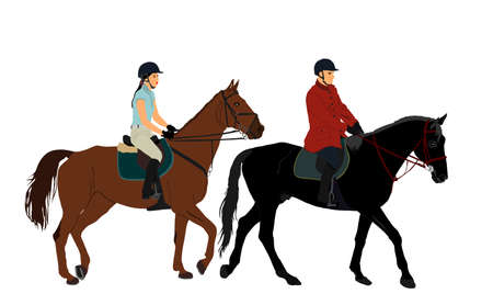 Jockey couple woman and man riding elegant racing horse vector illustration isolated on white.  Hippodrome sport event. Female Jet set entertainment. Equestrian rider lady jumping over barrier.のイラスト素材