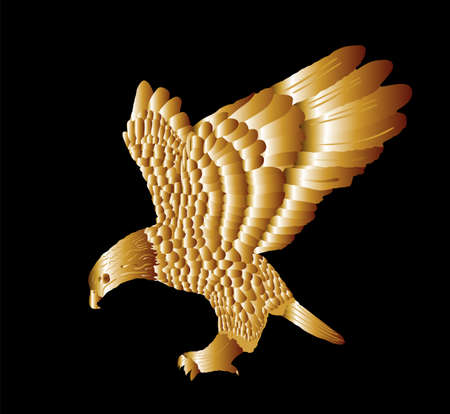 Bald eagle flying vector silhouette illustration isolated on black background. Eagle soaring with spread wings. Gold eagle, symbol  superior power. Brave bird. Luxury rich decorative animal to indoor.のイラスト素材