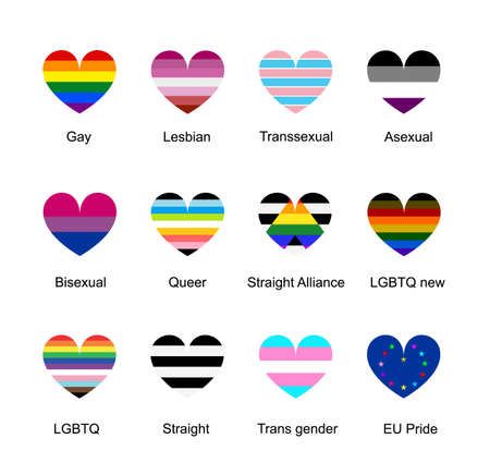 Heart badge flag gay vector illustration. LGBT pride symbol, lesbian sign, trans sexual culture, homosexual, asexual, bisexual, queer, straight, trans gender. Human rights and freedom. LGBTQ culture.のイラスト素材
