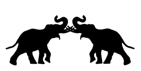 Elephant male battle for female mating vector silhouette illustration isolated on white. African animal, alert of poacher. Elephants fight for the right to mate silhouette. Africa safari attraction.のイラスト素材