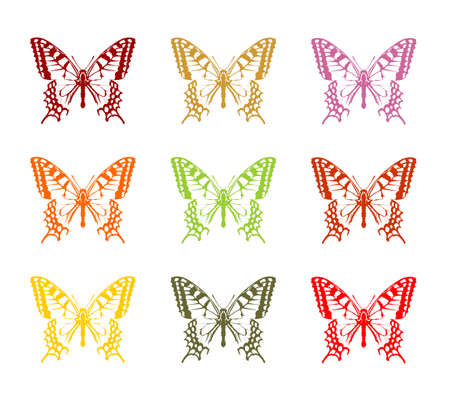 Colorful Monarch butterfly collection vector silhouette illustration with open wings. Flying migratory insect. Butterflies represents symbol of summer and the beauty of nature. Butterfly art tattoo.のイラスト素材
