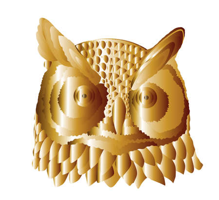 Luxury golden owl head vector illustration isolated on white background. Night bird hunter. Zoo animal, scary spooky night Halloween symbol. Rich bird sign of prosperity and rich life. Happy and luckyのイラスト素材