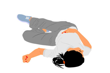 Dead girl lying on the ground vector illustration. Drunk girl unconscious after party. Patient women rescue. Drugged person overdose. Sick teenager. Injured lady after car crush accident. First aid.のイラスト素材