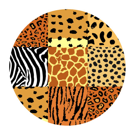 Circle animal print background with safari animals fur skin collection isolated on white background. Africa folklore culture pattern. Colorful texture symbol of wildlife nature of African continent.のイラスト素材