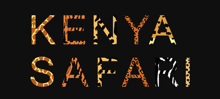 Kenya safari word, animal skin print over separated letter vector silhouette illustration isolated on background. Tourist invite to observing wildlife in national parks Kenya, Africa. Fashion texture.のイラスト素材