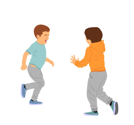 Happy joyful kids running. Little boy and friend playing in park vector illustration isolated on white background. Outdoor leisure scene. Children fun outdoor. Smiling brothers funny game family valueのイラスト素材