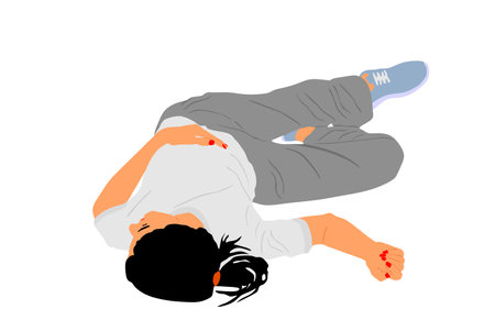 Dead girl lying on the ground vector illustration. Drunk girl unconscious after party. Patient women rescue. Drugged person overdose. Sick teenager. Injured lady after car crush accident. First aid.のイラスト素材