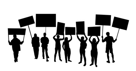 Group of people protesters vector silhouette illustration isolated. Man hand holding sign. Empty banner plate. Blank protest flag. Political agitation campaign. Demonstration social laborers rightsのイラスト素材