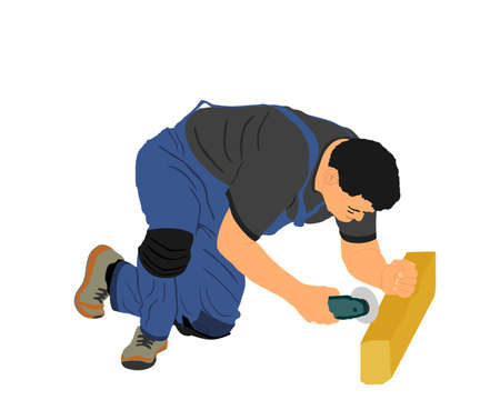 Repairman with grinder cut beam vector illustration isolated on white background. Handyman repair edge with circle polish. Construction worker man. Carpenter home renovation. Hard job.のイラスト素材