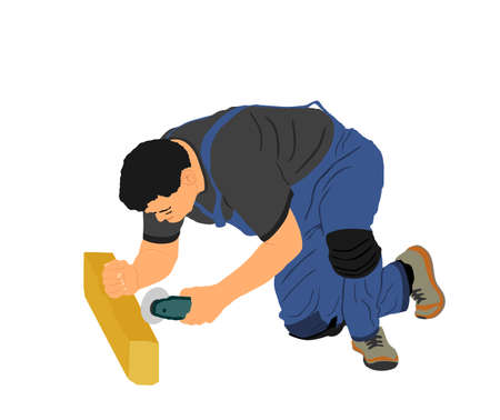 Repairman with grinder cut beam vector illustration isolated on white background. Handyman repair edge with circle polish. Construction worker man. Carpenter home renovation. Hard job.のイラスト素材