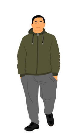 Man in sport wear walking the street vector illustration. Boy with hands in pockets in sweat suit and sneakers. Outdoor relax time after work. Casual sportsman look after training.のイラスト素材