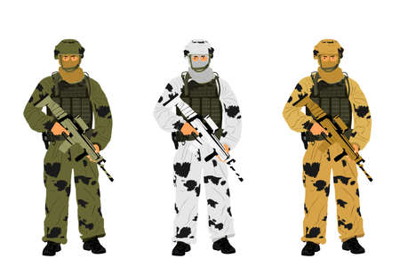 Snow, winter, desert, grass camouflage army soldier with sniper rifle, helmet, full equipment on duty vector illustration. Keeps watch on guard. Border ranger. Commandos saluting. Special unit memberのイラスト素材