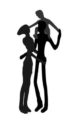 Happy family hugging together vector silhouette illustration isolated on white background. Mother father and child on fathers shoulders. Love and closeness parents and kid. Tenderness man and woman.のイラスト素材
