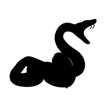Curl snake attack prey vector silhouette illustration isolated on white background. Black serpent tattoo. Poison snake shape shadow. Deadly venom predator, symbol of medicine or pharmacy. Danger treatのイラスト素材