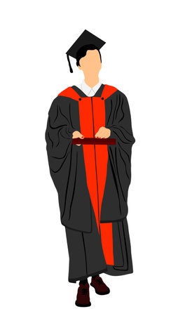 Student girl in gown graduates college vector illustration isolated on white background. Celebration ceremony after graduating on university. Happy cadet lady finish academy education.のイラスト素材