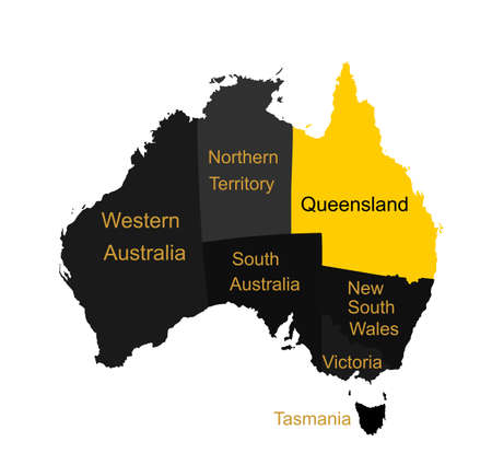Australian map vector silhouette illustration isolated on white background. Separated countries over Australia map. Continent symbol. Queensland map. New South Wales. Victoria. Tasmania.のイラスト素材