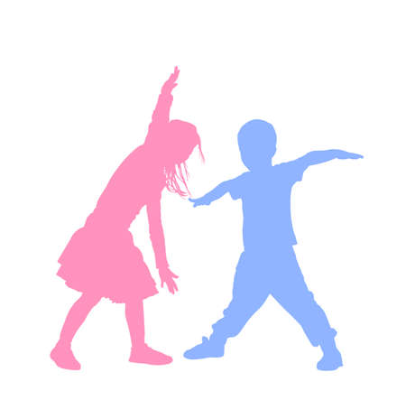 Friends summer love boy and girl hugging vector silhouette. Togetherness. Children tenderness and closeness. Young shy kids couple in love hug. Romance in puberty. little girlfriend and boyfriend playのイラスト素材