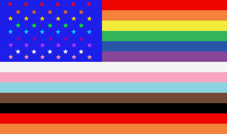 USA America LGBTQ plus flag banner vector illustration background. Typography with L Lesbian flag, G Gay Pride flag colors. B Bisexual flag. T Transgender community pride. Q Queer. Gay parade symbol.のイラスト素材