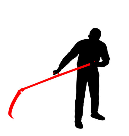 Farmer using scythe to cut grass vector silhouette illustration isolated on white background. Rural gardener landscaper. Country man with scythe hard work outdoor. Villager mowing wheat or cloverのイラスト素材