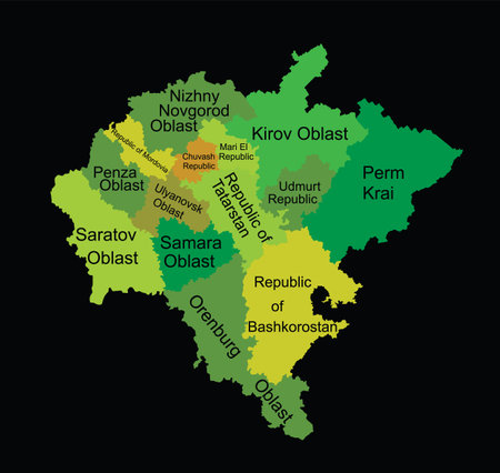 Volga federal district map vector silhouette illustration isolated on black background. Russian federation province. Privolzhsky federal district map.のイラスト素材