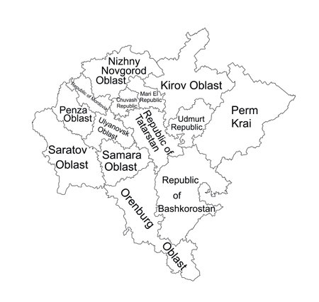 Volga federal district map vector silhouette illustration isolated on white background. Russian federation province. Privolzhsky federal district map. Volga line contour district map.