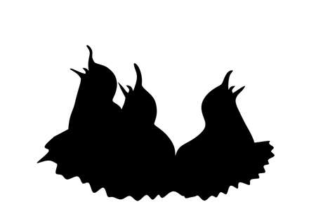 Family swallows young birds in nest waiting parents for feed vector silhouette illustration isolated on white background. Migratory bird, symbol of spring. Parents feeding hungry cのイラスト素材