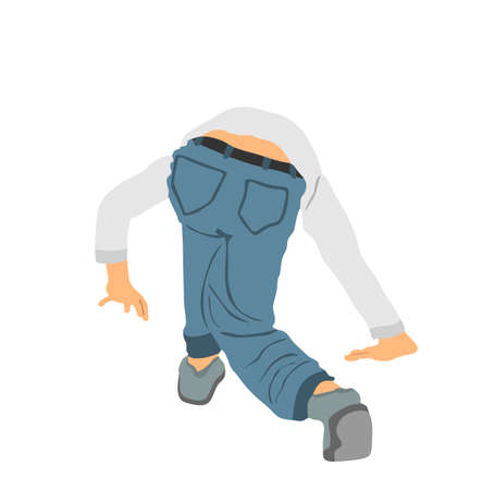 Clumsy man slipped on the slippery floor vector illustration isolated on white background. Boy fall down accident, wet floor danger, he holds on ground with hand. Drunk man situatiのイラスト素材