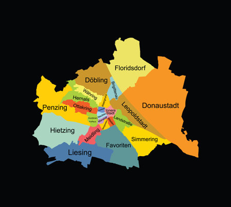 City Vienna map vector silhouette illustration isolated on black background. High detailed. Capital town in Austria administrative division borders. Central Europe culture center.のイラスト素材
