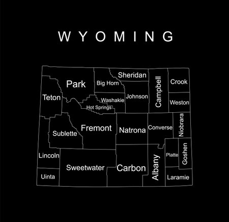 Wyoming State vector map silhouette illustration isolated on black background. High detailed illustration. United state of America country. Wyoming map with separated county borderのイラスト素材