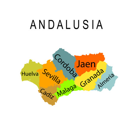 Autonomous community Andalusia map vector silhouette illustration isolated on white background. Provinces of Spain include Cordoba, Jaen, Granada, Almeria, Malaga, Sevilla, Cadiz,のイラスト素材