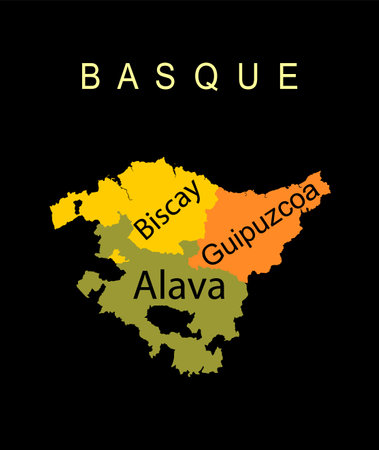 Autonomous community Basque map vector silhouette illustration isolated on black background. Spain territory, include provinces Biscay map, Guipuzcoa shape, Alava silhouette. EUのイラスト素材