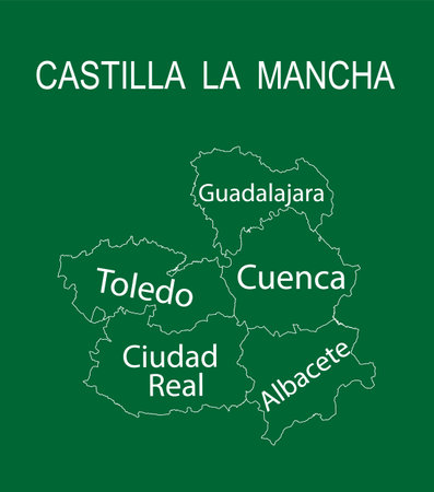 Autonomous community Castilla La Mancha map line contour vector silhouette illustration isolated. Spain provinces Guadalajara map, Toledo, Cuenca silhouette, Ciudad Real, Albaceteのイラスト素材