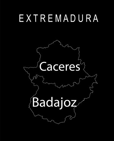 Spain region, autonomous community Extremadura map line contour vector silhouette illustration isolated on black background. Territory include Caceres map and Badajoz map provincesのイラスト素材