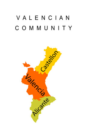 Spain province Autonomous Valencian community map vector silhouette illustration isolated on white background, include territory borders of Castellon, Valencia, Alicante.のイラスト素材