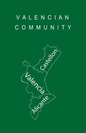 Spain province Autonomous Valencian community line contour map vector silhouette illustration isolated on green background, include territory borders Castellon, Valencia, Alicanteのイラスト素材