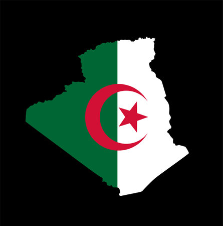 Algeria flag map vector illustration isolated. National symbol of country in Northern Africa. Half moon and star coat of arms represents Islamic and Arab people. Algeria map emblemのイラスト素材