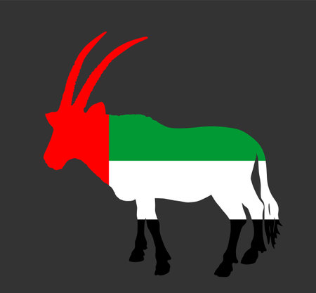 UAE flag vector over Oryx gazelle national animal symbol silhouette illustration isolated on black background. Middle east state emblem. Arab country in Asia. Gemsbok antelope.のイラスト素材