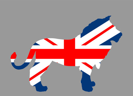 Great Britain flag over lion national animal symbol vector silhouette illustration isolated. United Kingdom badge. Commonwealth Empire emblem patriotic banner Atlantic ocean islandのイラスト素材