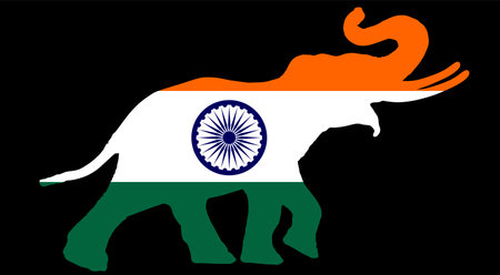 India flag over elephant male national animal symbol vector silhouette illustration isolated background. National Indian emblem country in Asia. Patriotic souvenir banner.のイラスト素材