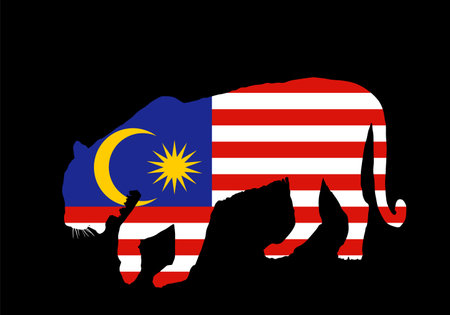Malaysia flag over tiger national animal vector silhouette illustration isolated on black background. Kuala Lumpur flag. Malaysia, member of Asean Economic Community AEC. Malaysianのイラスト素材