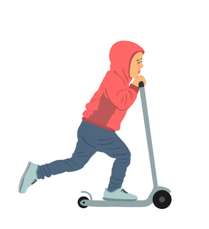 Little boy riding scooter vector illustration isolated on white. Happy kid on kick board enjoying. Active outdoor fun and entertainment. Roller sport. Son rent electric scooter.のイラスト素材