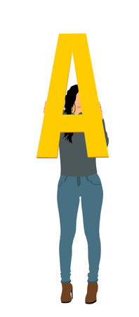 Handsome woman holding letter A sign vector illustration. Words making letter. Learning alphabet, back to the school. Marketing commercial campaign with people carry messageのイラスト素材