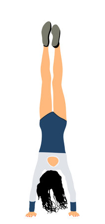 Girl doing cartwheel exercise. Sport woman acrobat figure in handstand position vector illustration....