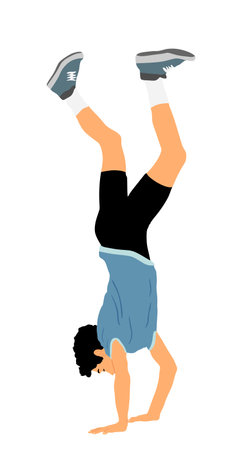Young man doing cartwheel exercise. Sportsman acrobat boy in handstand position vector illustration. Standing on hand pose. Hand stand acrobatics street athlete performer. Stuntのイラスト素材