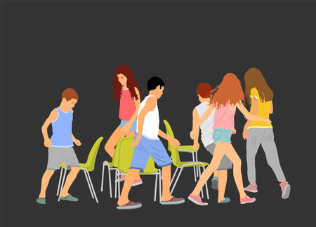 Children playing musical chairs game vector illustration isolated on black background. Happy birthday animation. Kids run around playing musical chairs game. Fun activity teenager.のイラスト素材
