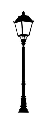 Street light lamp lantern vector silhouette illustration isolated on white background. Traditional urban exterior object. Electric power bulb on public place illumination in park.のイラスト素材