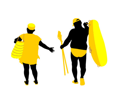 Mature couple woman and man on beach vector silhouette illustration. Senior lady sunbathing. Tourist swimwear active life. Senior man carry row rubber boat paddles. Parents familyのイラスト素材