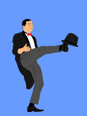 Magician performing trick with top hat vector illustration isolated. Magic performer illusionist, disappears and rises. Cylinder artist.  Cabaret show or circus entertainmentのイラスト素材