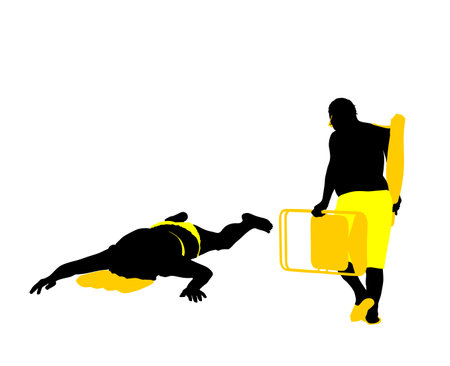 Senior couple beach enjoy vector silhouette illustration. Mature woman lies down sunbathing after swimming. Tourist in swimwear bikini. Skin care. Old man with beach chair and rug.のイラスト素材